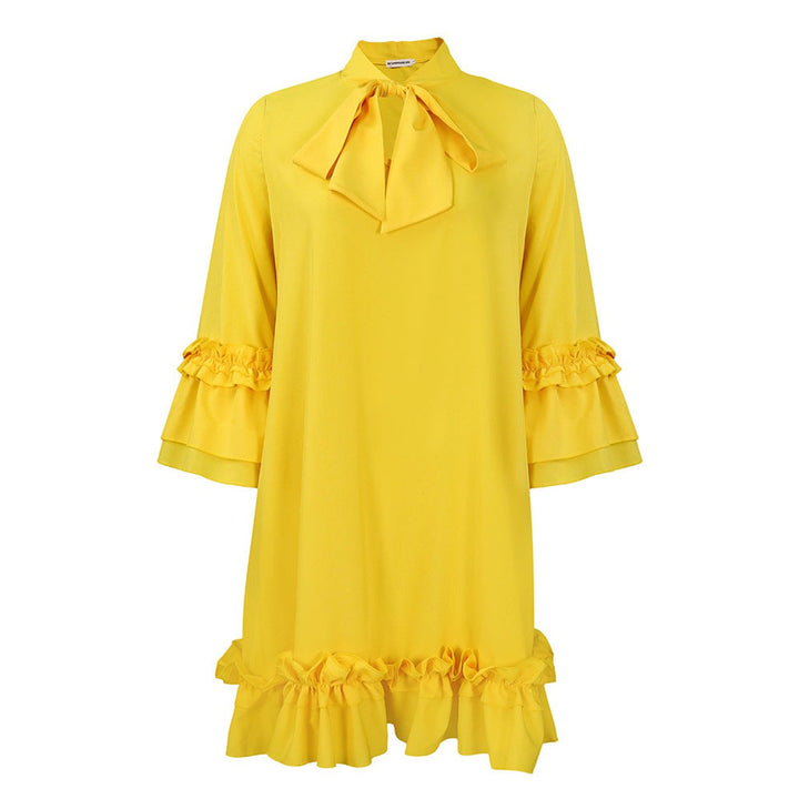 Women's Ruffle-Hem Bow-Collar Mini Tunic Dress - Yellow