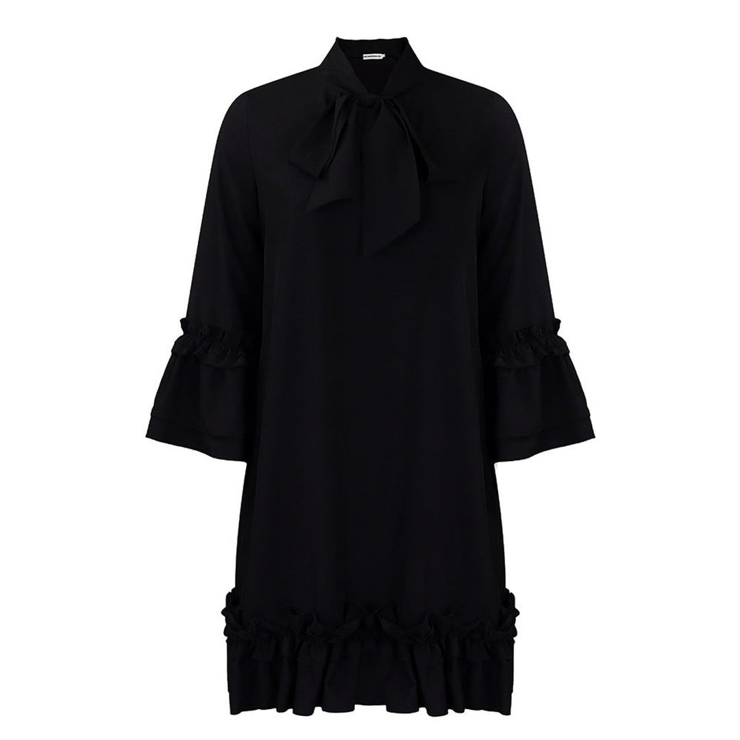 Women's Ruffle-Hem Bow-Collar Mini Tunic Dress - Black