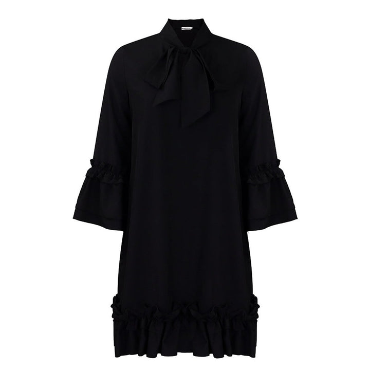 Women's Ruffle-Hem Bow-Collar Mini Tunic Dress - Black