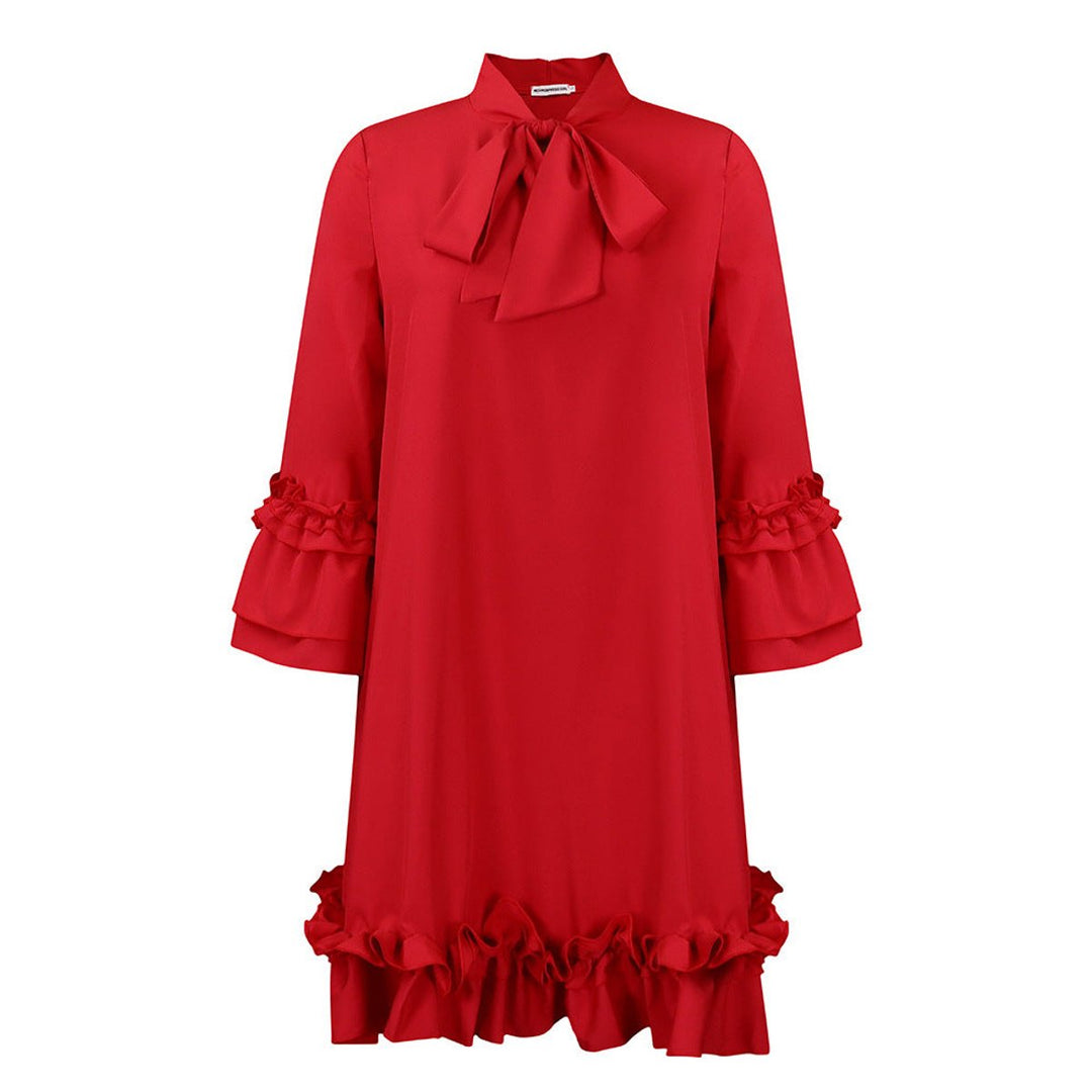 Women's Ruffle-Hem Bow-Collar Mini Tunic Dress - Red