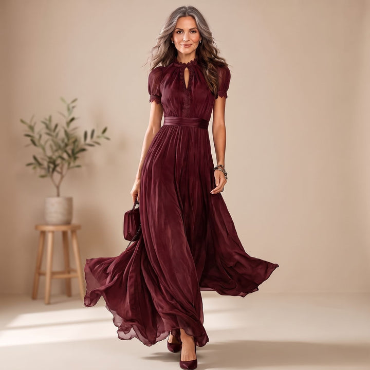 Women's Ruffle-Neck Lace-Trim Pleated A-Line Maxi Dress - Red