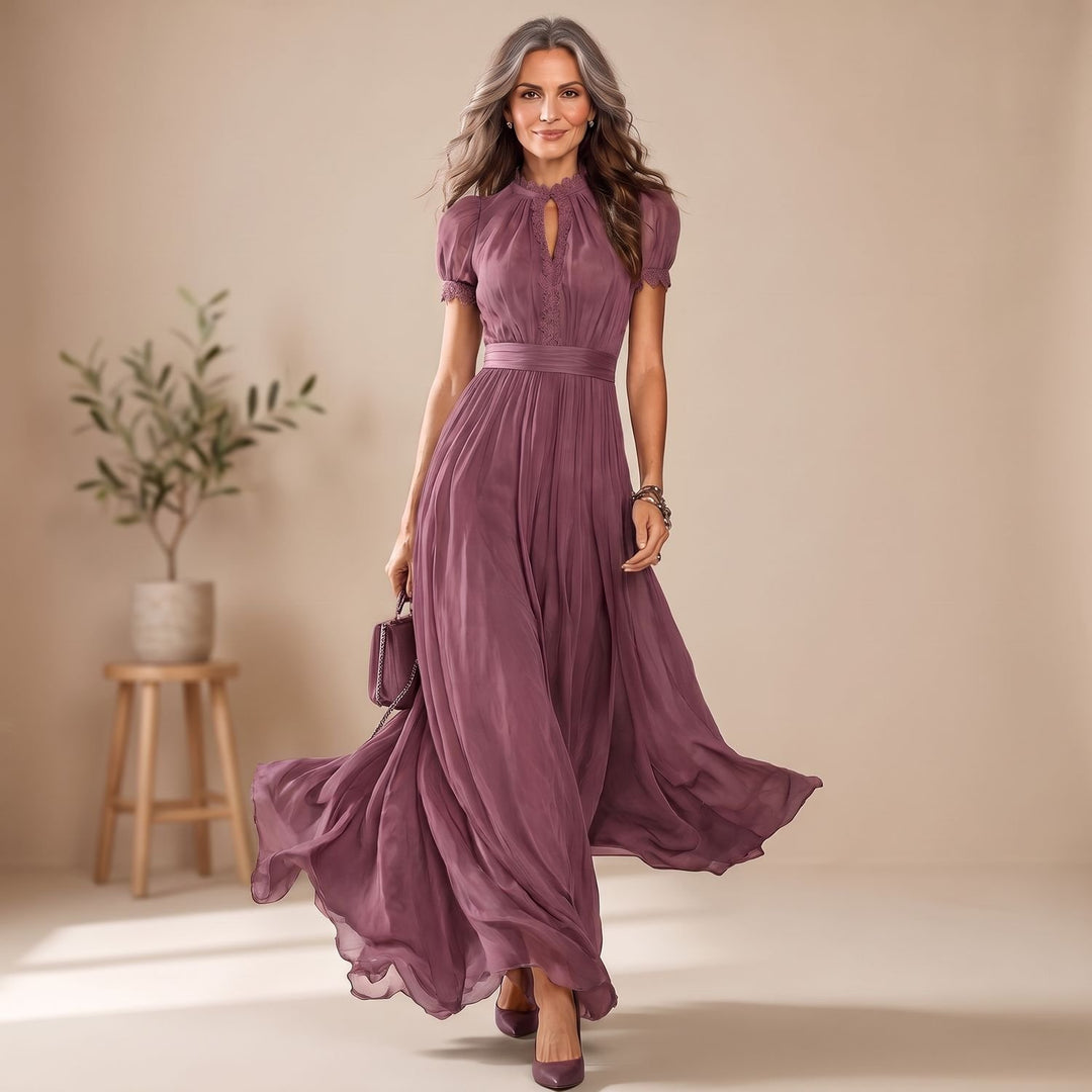Women's Ruffle-Neck Lace-Trim Pleated A-Line Maxi Dress - Purple