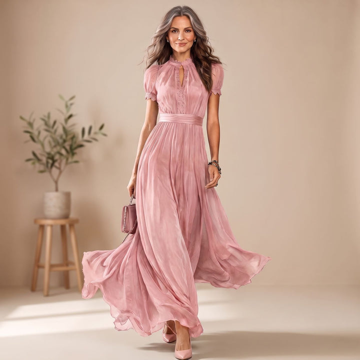 Women's Ruffle-Neck Lace-Trim Pleated A-Line Maxi Dress - Pink