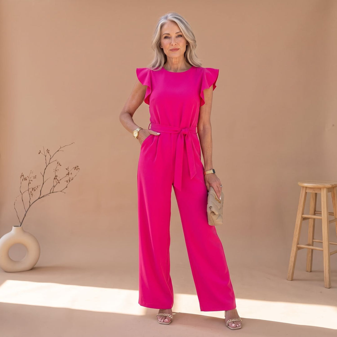 Women's Ruffle-Sleeve Wide-Leg Belted Jumpsuit - Pink