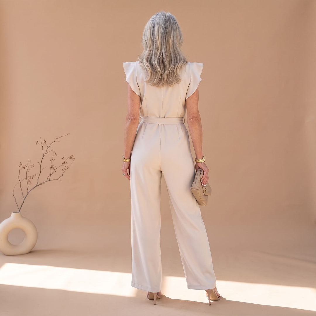 Women's Ruffle-Sleeve Wide-Leg Belted Jumpsuit