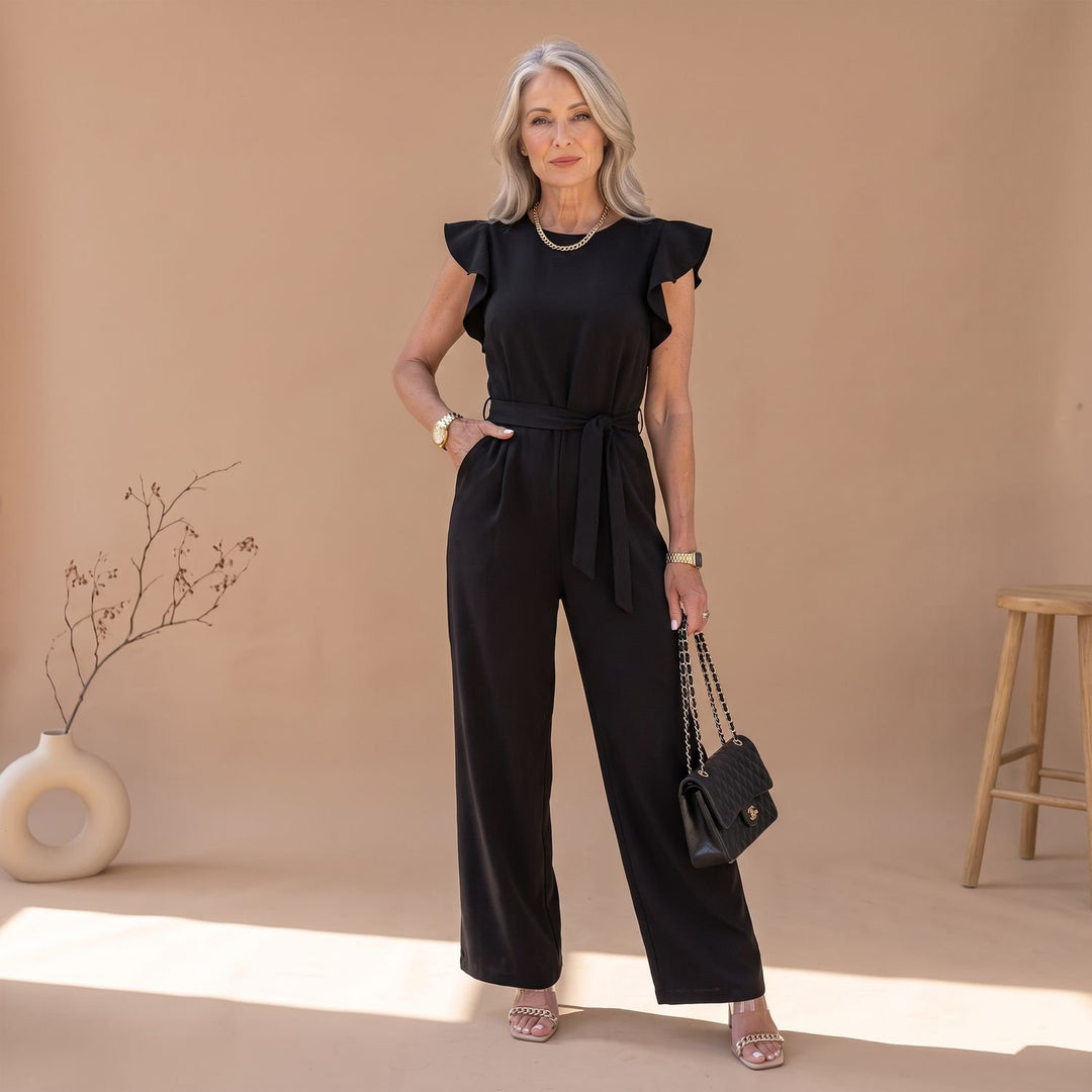 Women's Ruffle-Sleeve Wide-Leg Belted Jumpsuit - Black