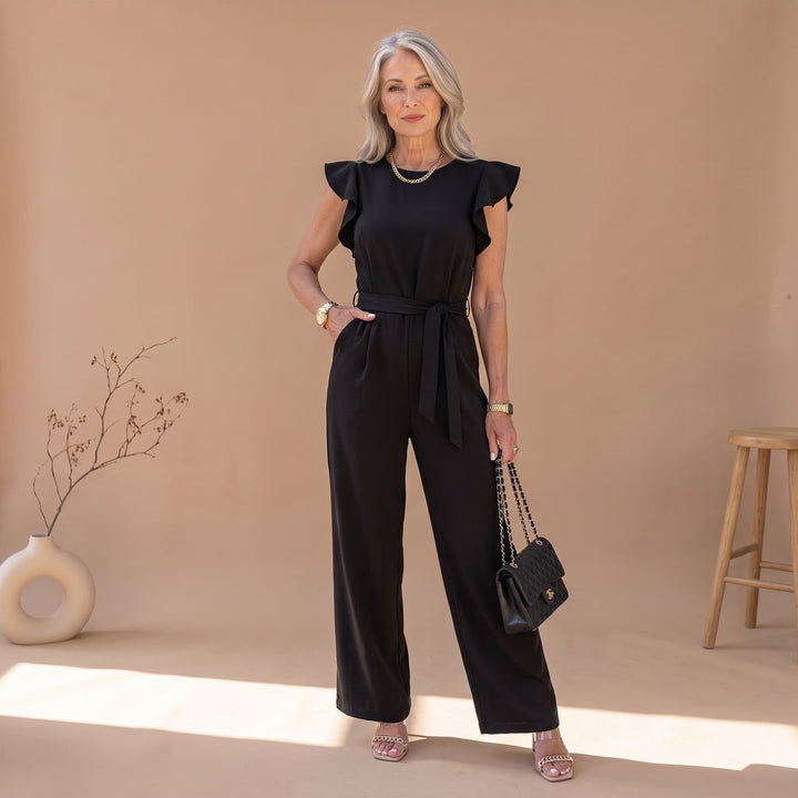 Women's Ruffle-Sleeve Wide-Leg Belted Jumpsuit - Black