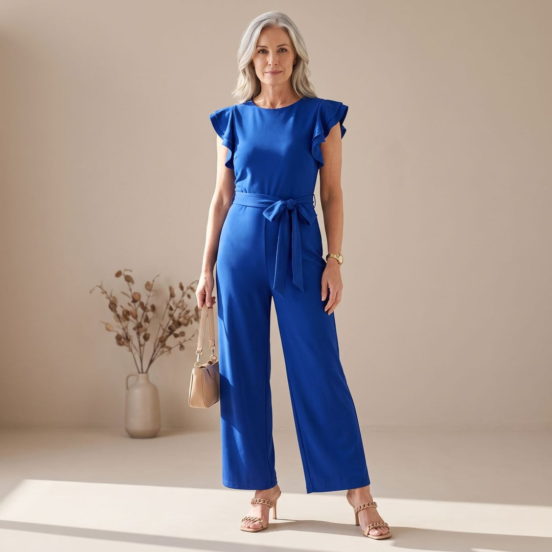 Women's Ruffle-Sleeve Wide-Leg Belted Jumpsuit