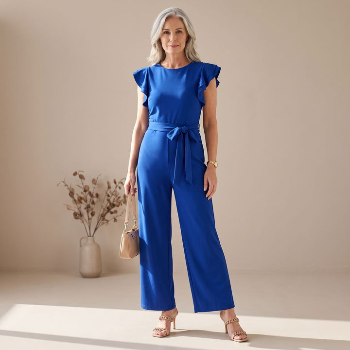 Women's Ruffle-Sleeve Wide-Leg Belted Jumpsuit