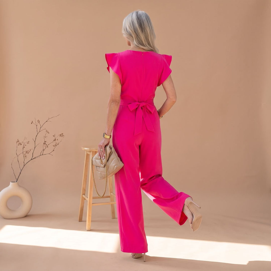 Women's Ruffle-Sleeve Wide-Leg Belted Jumpsuit