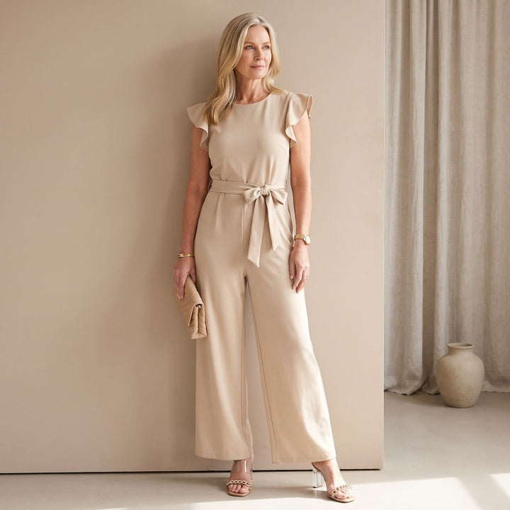 Women's Ruffle-Sleeve Wide-Leg Belted Jumpsuit, Beige