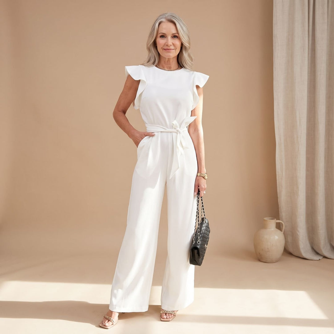 Women's Ruffle-Sleeve Wide-Leg Belted Jumpsuit, Beige - White