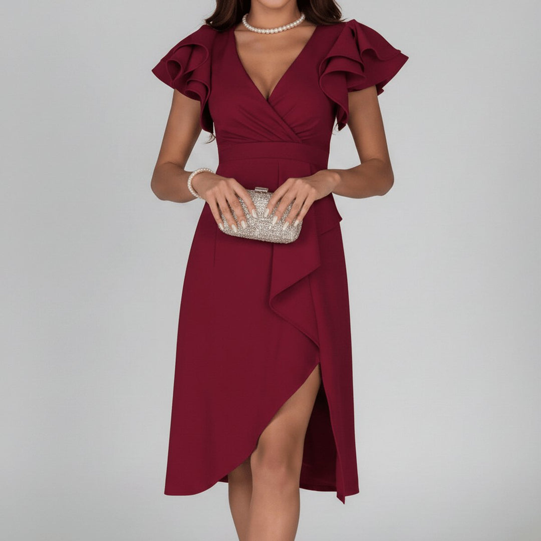 Women's Ruffle Sleeve Wrap-Style Mother of the Bride Dress - Deep Red