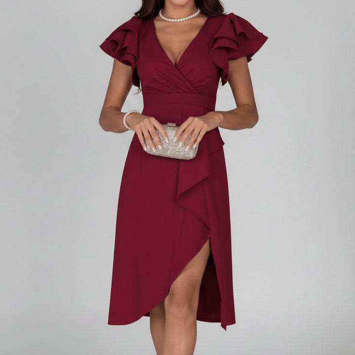 Women's Ruffle Sleeve Wrap-Style Mother of the Bride Dress - Deep Red