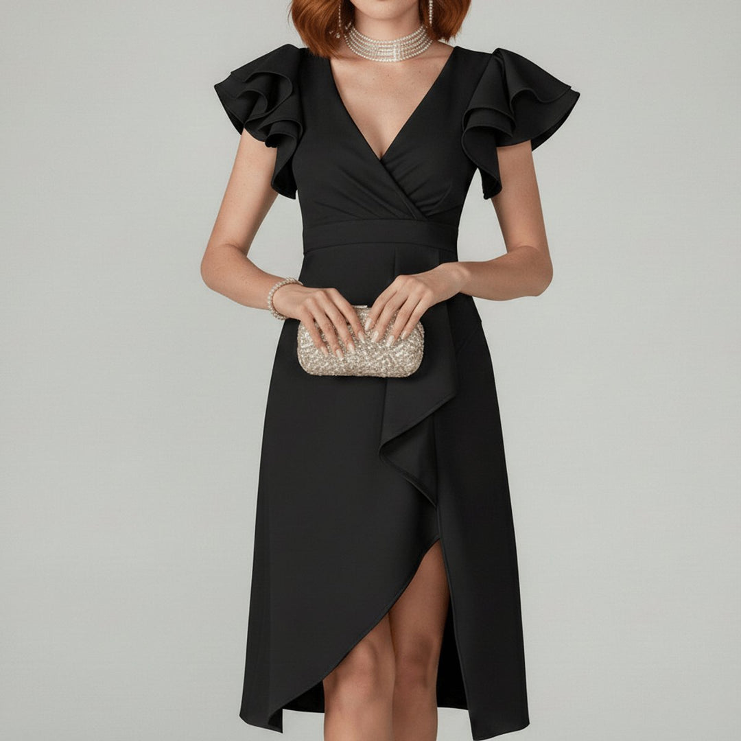 Women's Ruffle Sleeve Wrap-Style Mother of the Bride Dress - Classic Black
