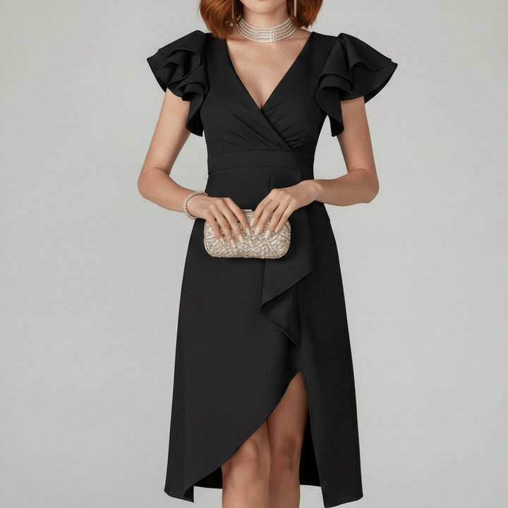 Women's Ruffle Sleeve Wrap-Style Mother of the Bride Dress - Classic Black