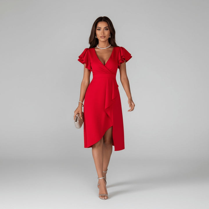 Women's Ruffle Sleeve Wrap-Style Mother of the Bride Dress - Vivid Red