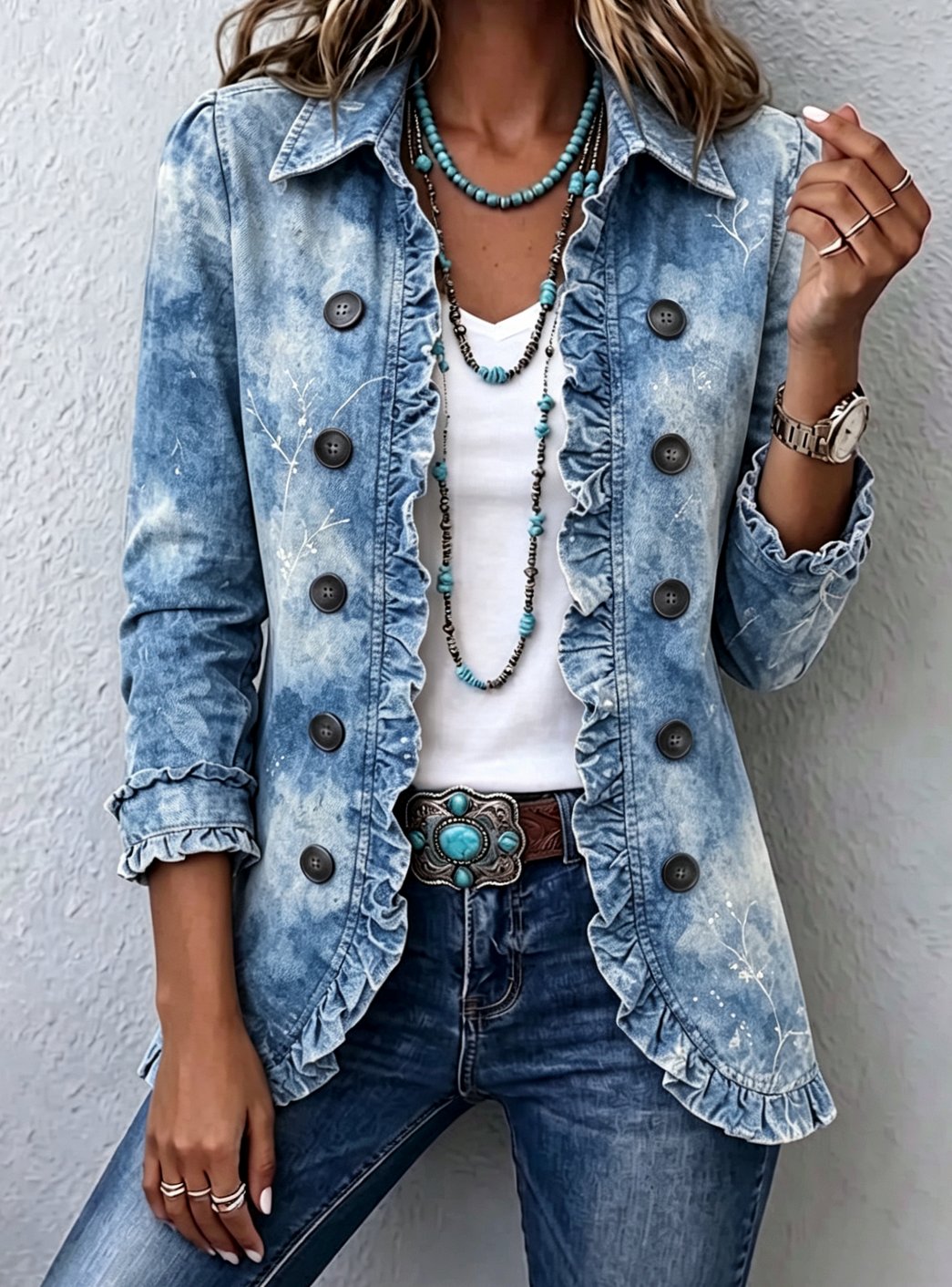 Women's Ruffle-Trim Double-Breasted Floral Denim Jacket - Blue