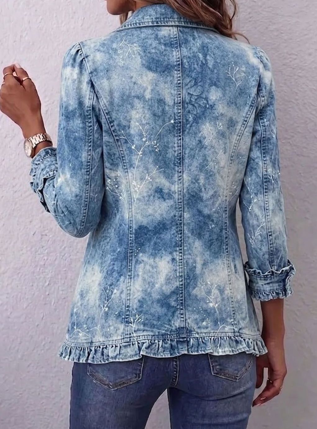 Women's Ruffle-Trim Double-Breasted Floral Denim Jacket