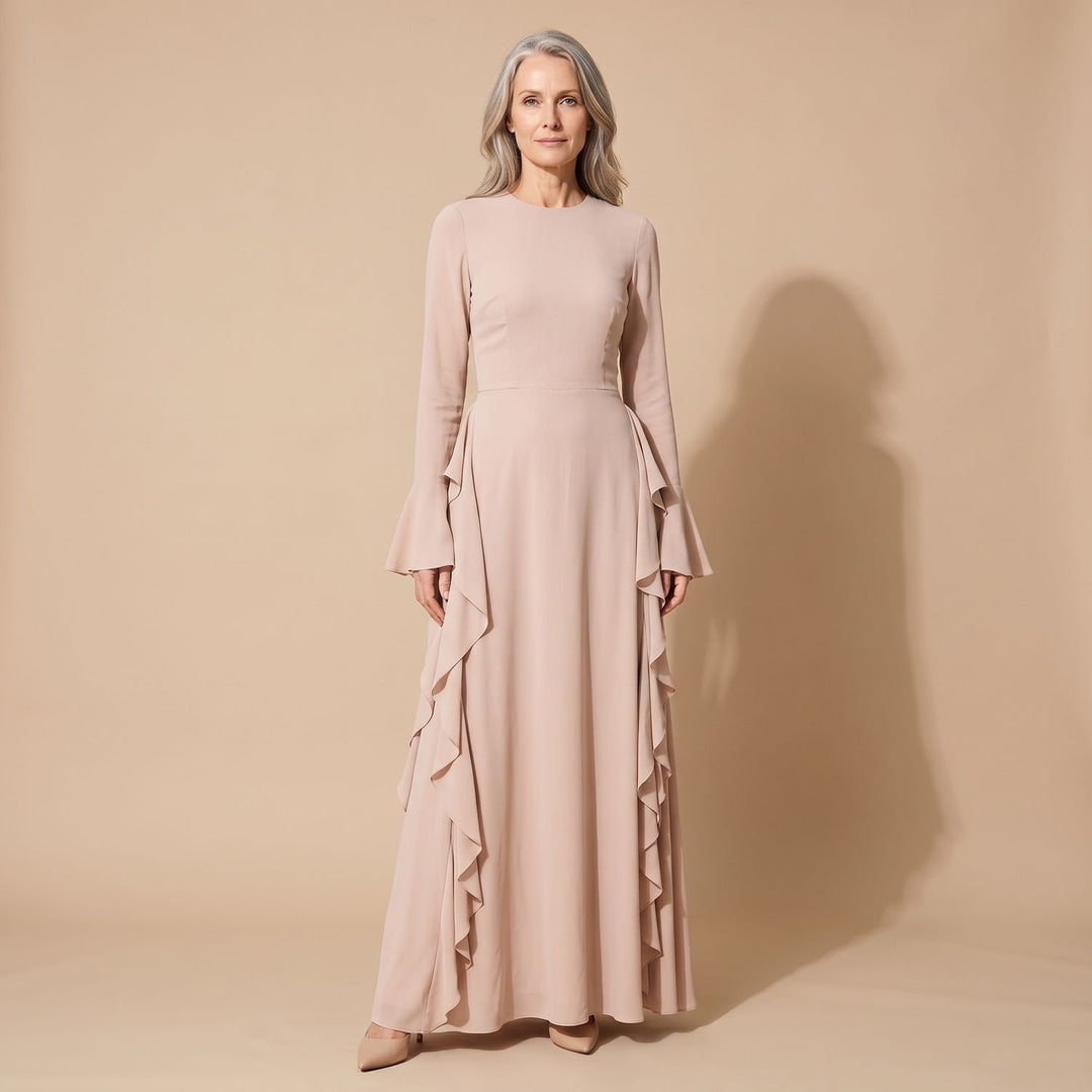Women's Ruffle-Trim Flared-Sleeve Long Sleeve Maxi Dress - Beige