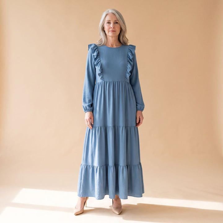Women's Ruffle-Trim Flared-Sleeve Long Sleeve Maxi Dress - Blue