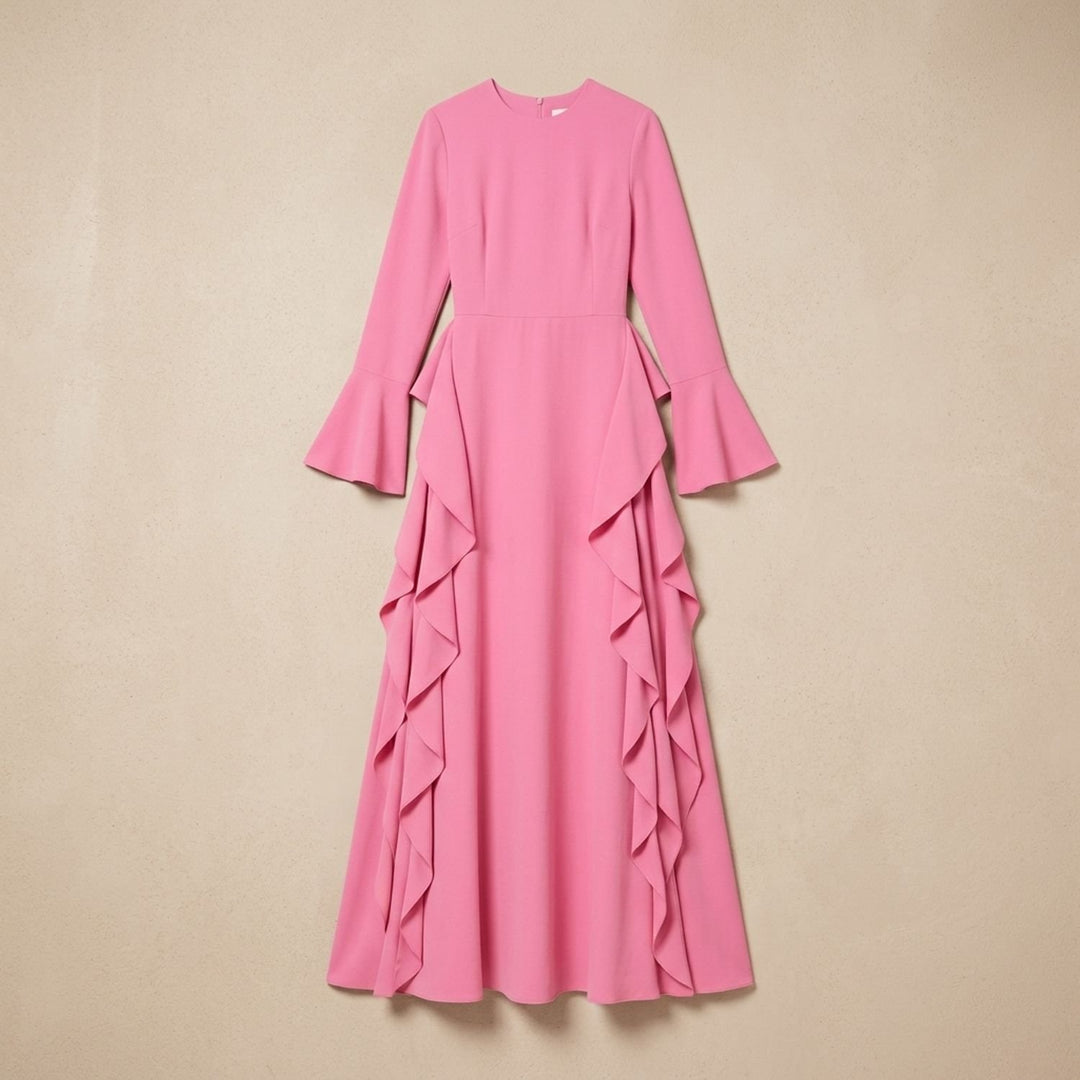 Women's Ruffle-Trim Flared-Sleeve Long Sleeve Maxi Dress - Pink