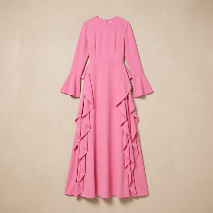 Women's Ruffle-Trim Flared-Sleeve Long Sleeve Maxi Dress - Pink