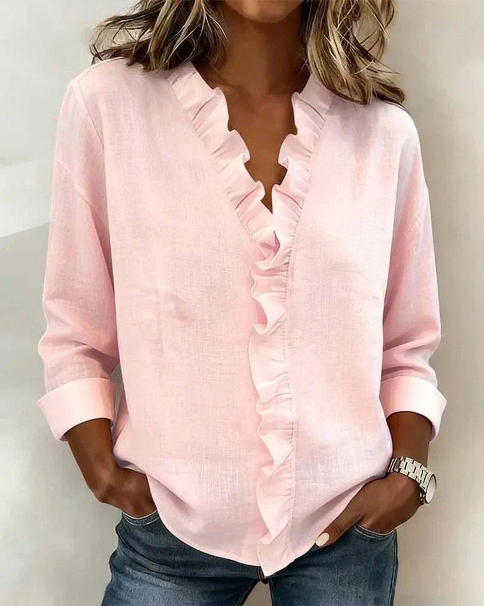 Women's Ruffle V-Neck Long-Sleeve Lightweight Blouse - Pink