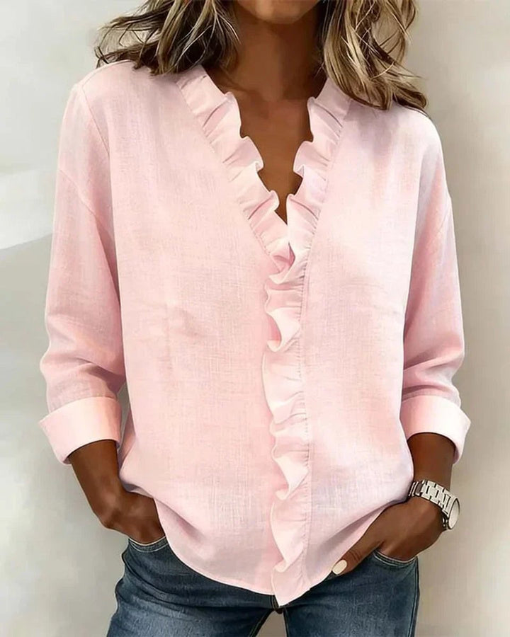 Women's Ruffle V-Neck Long-Sleeve Lightweight Blouse - Pink