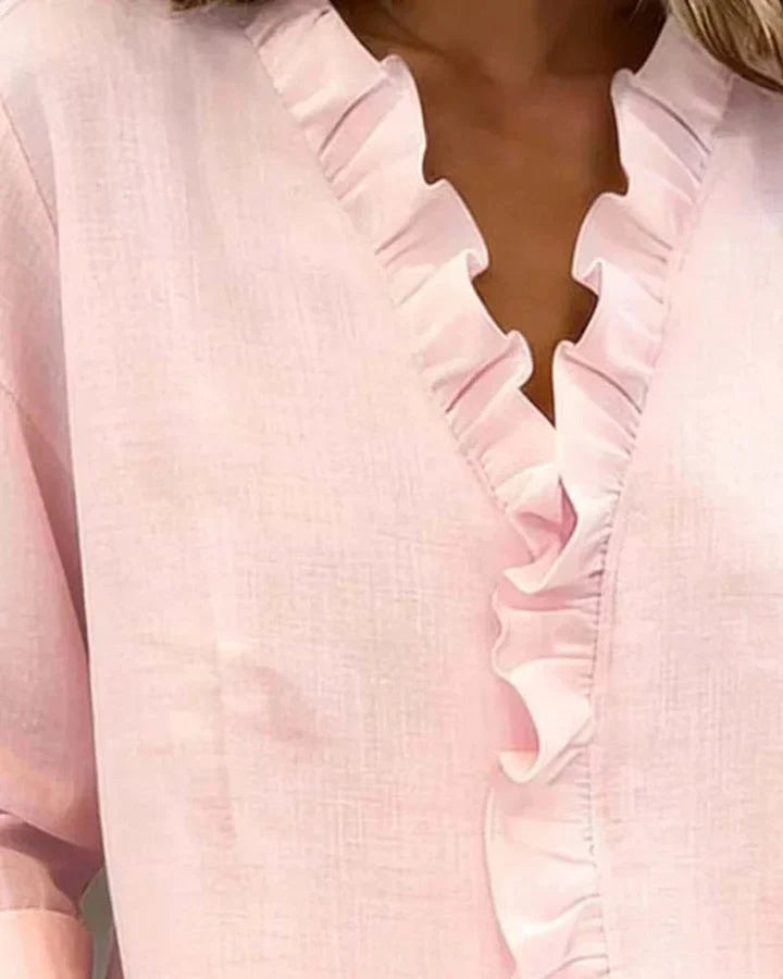 Women's Ruffle V-Neck Long-Sleeve Lightweight Blouse