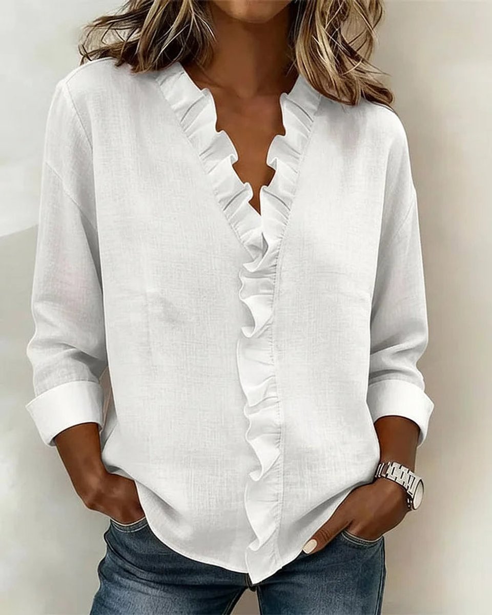 Women's Ruffle V-Neck Long-Sleeve Lightweight Blouse - White