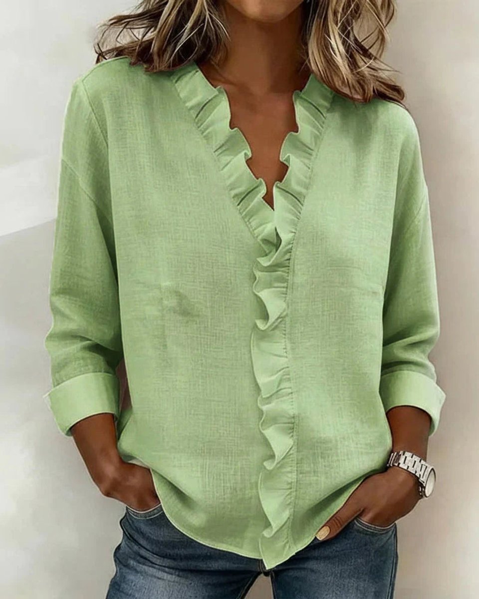 Women's Ruffle V-Neck Long-Sleeve Lightweight Blouse - Green