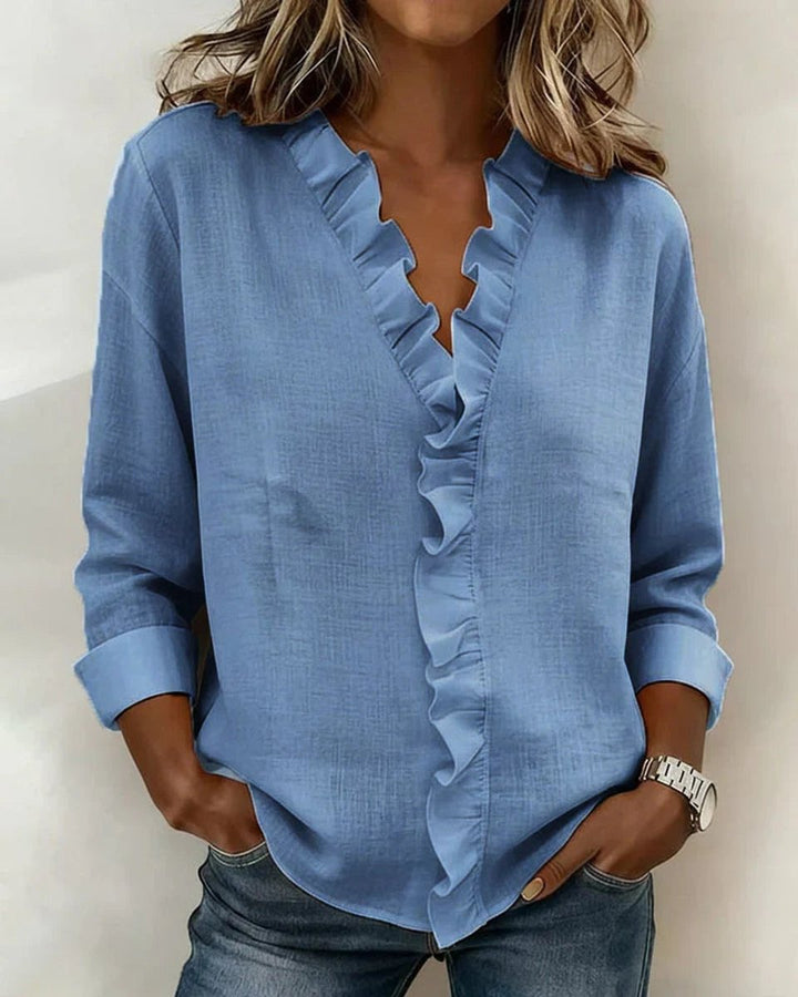 Women's Ruffle V-Neck Long-Sleeve Lightweight Blouse - Blue