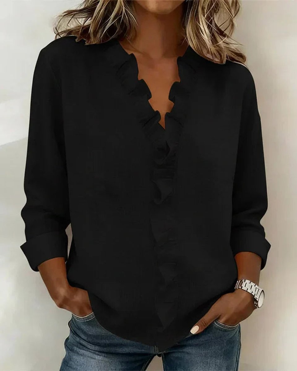 Women's Ruffle V-Neck Long-Sleeve Lightweight Blouse - Black