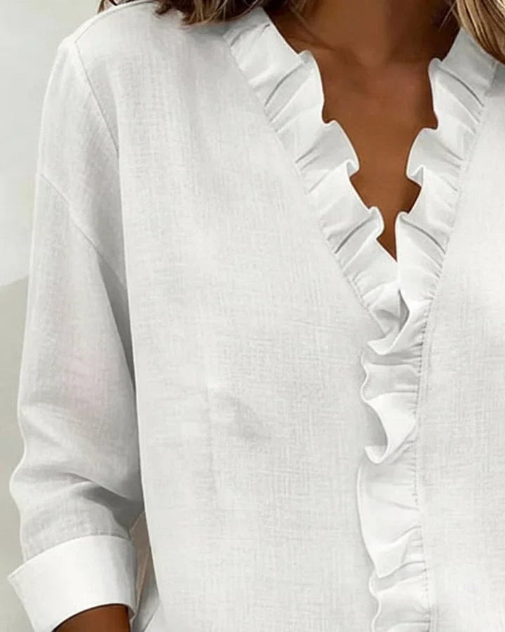 Women's Ruffle V-Neck Long-Sleeve Lightweight Blouse
