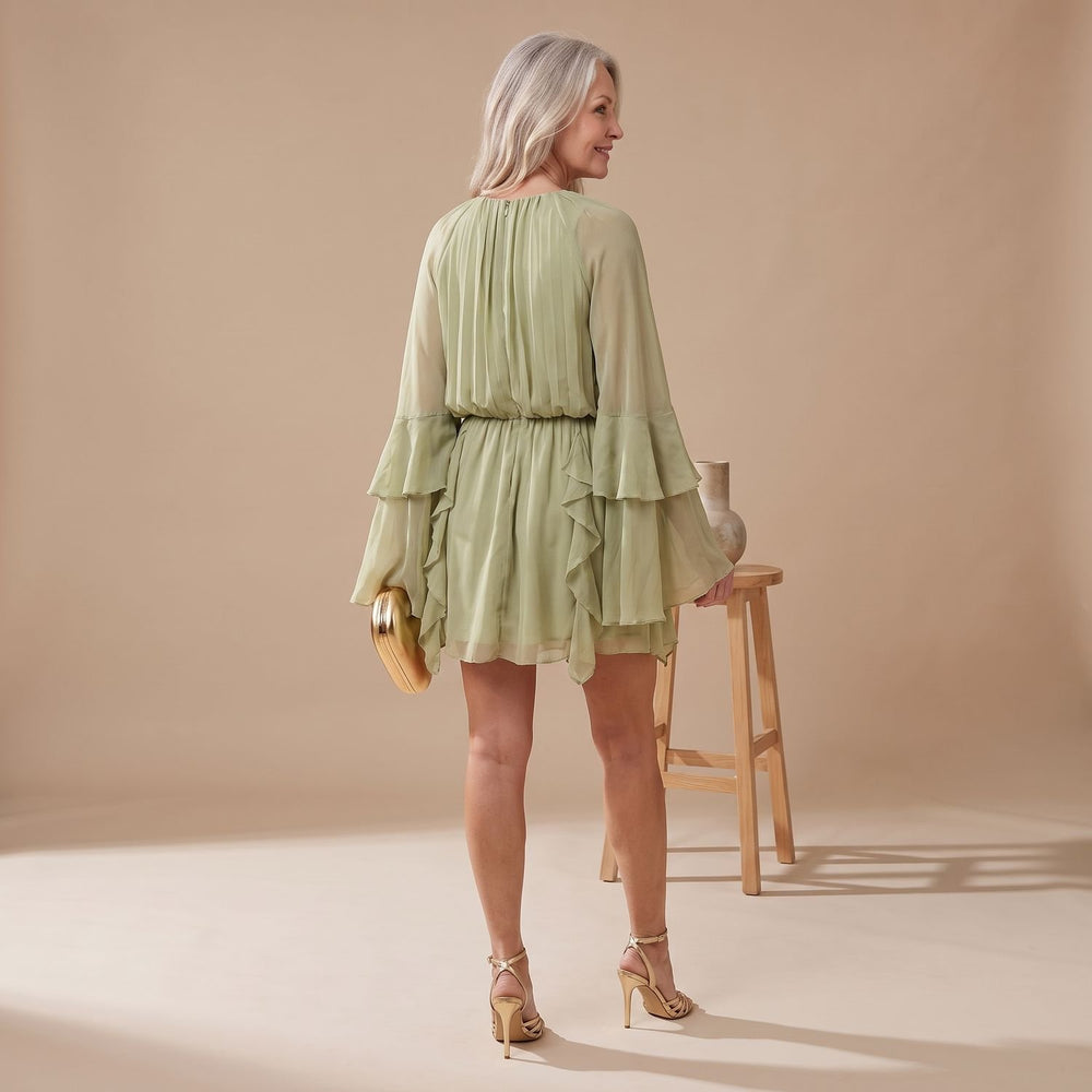 Women's Ruffled Long-Sleeve Flowy Chiffon Cocktail Dress