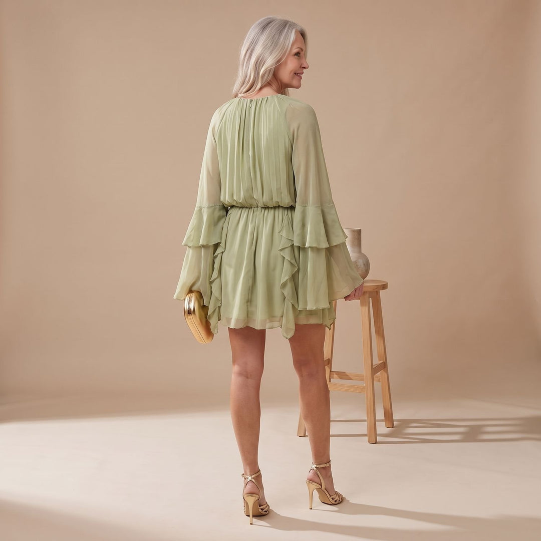 Women's Ruffled Long-Sleeve Flowy Chiffon Cocktail Dress