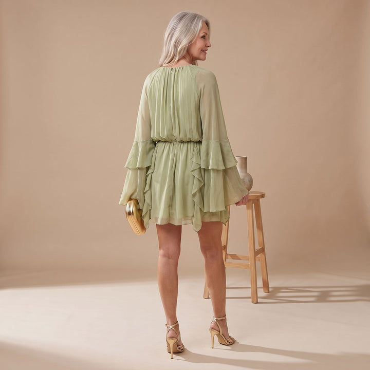 Women's Ruffled Long-Sleeve Flowy Chiffon Cocktail Dress
