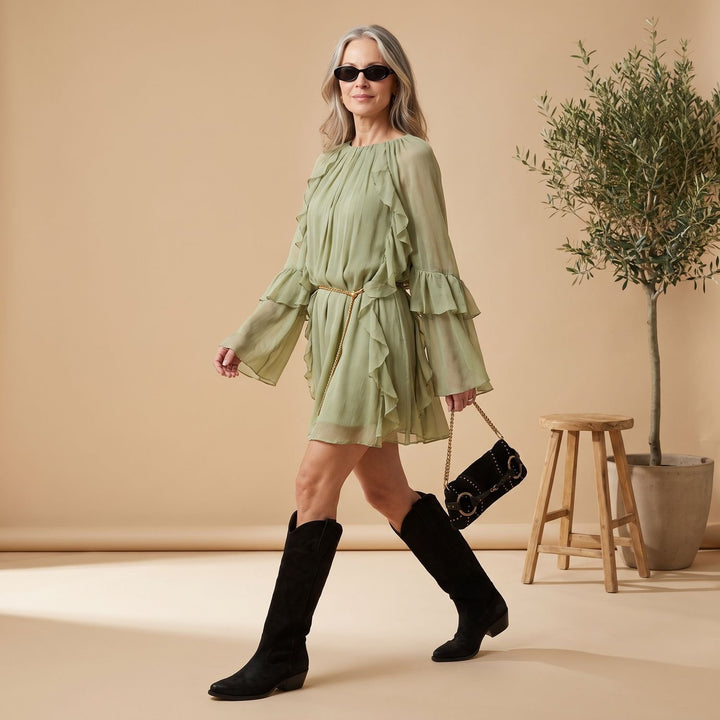 Women's Ruffled Long-Sleeve Flowy Chiffon Cocktail Dress