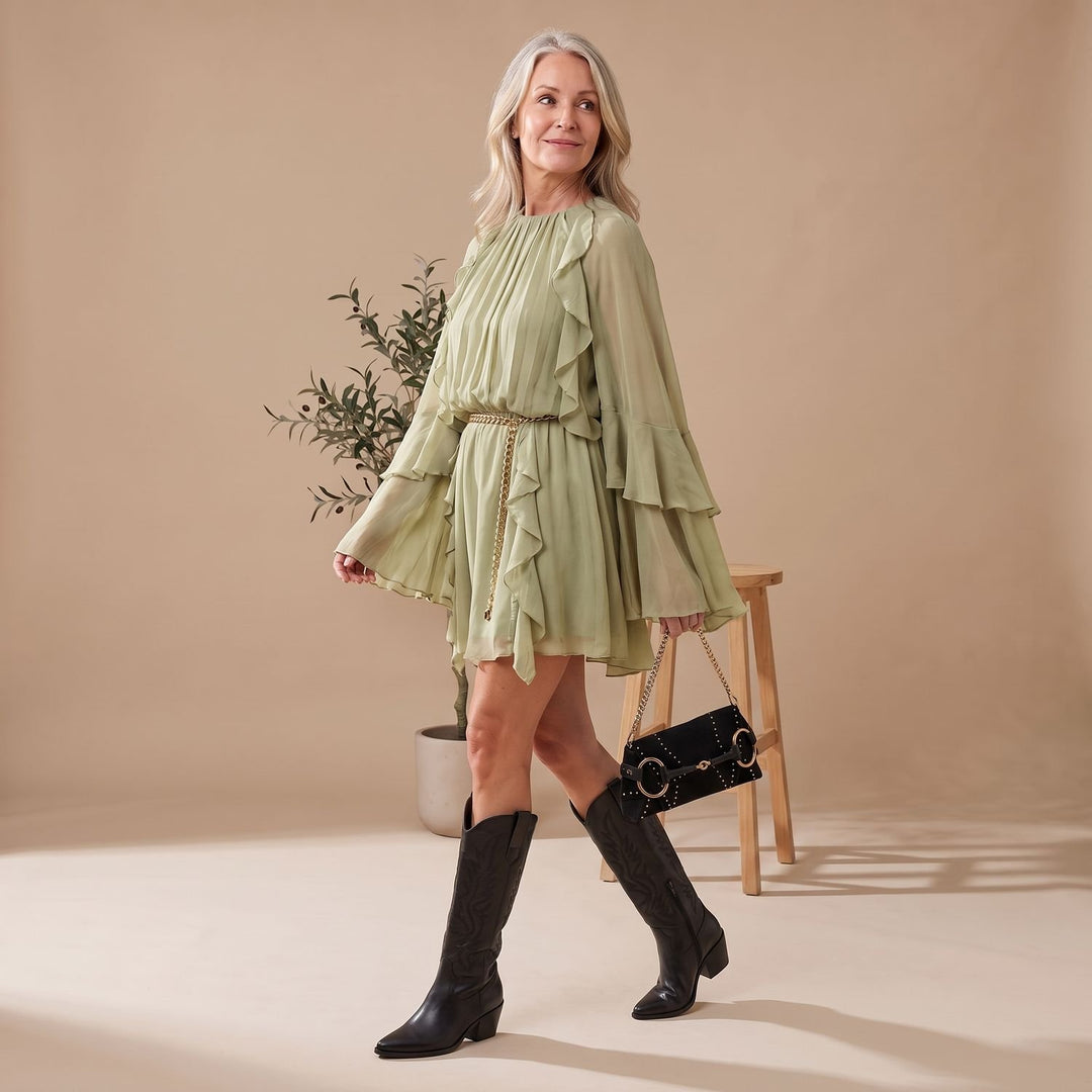 Women's Ruffled Long-Sleeve Flowy Chiffon Cocktail Dress
