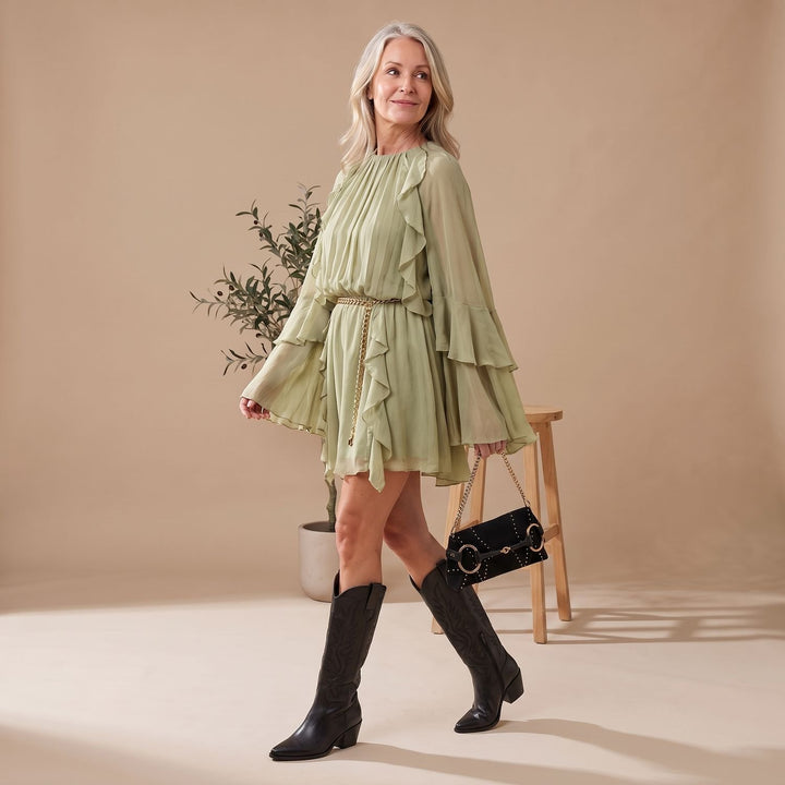 Women's Ruffled Long-Sleeve Flowy Chiffon Cocktail Dress