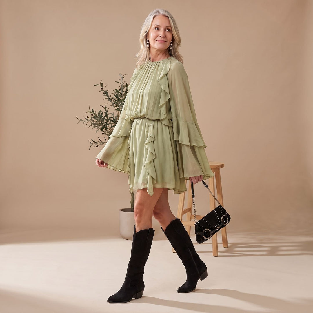 Women's Ruffled Long-Sleeve Flowy Chiffon Cocktail Dress