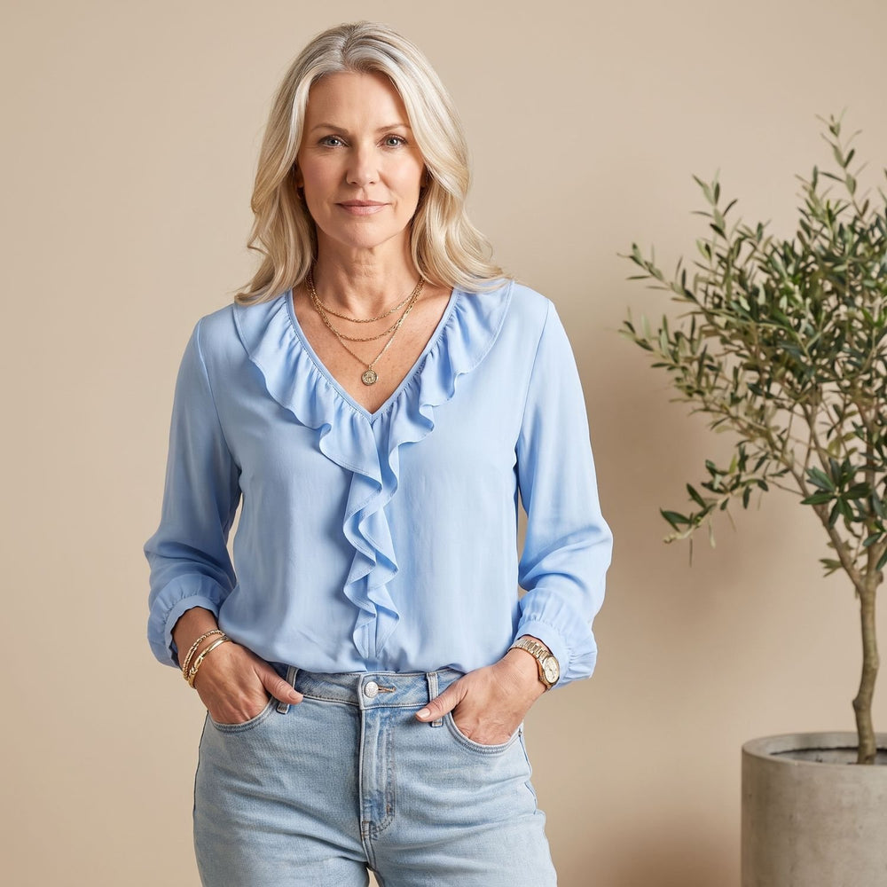 Women's Ruffled V-Neck Long-Sleeve Relaxed Blouse - Blue