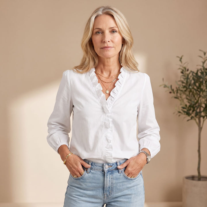 Women's Ruffled V-Neck Long-Sleeve Relaxed Blouse - White