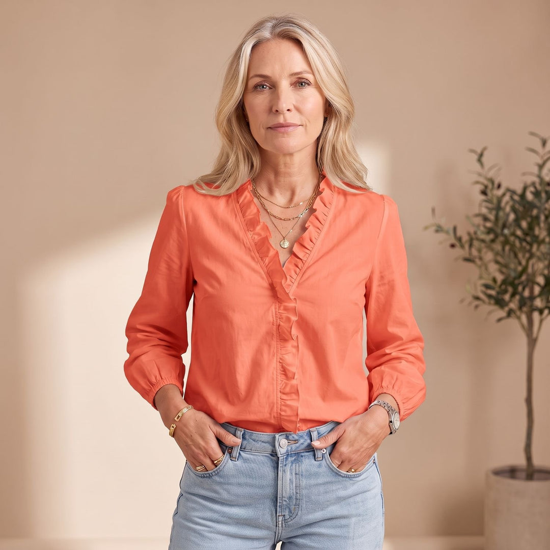 Women's Ruffled V-Neck Long-Sleeve Relaxed Blouse - Orange