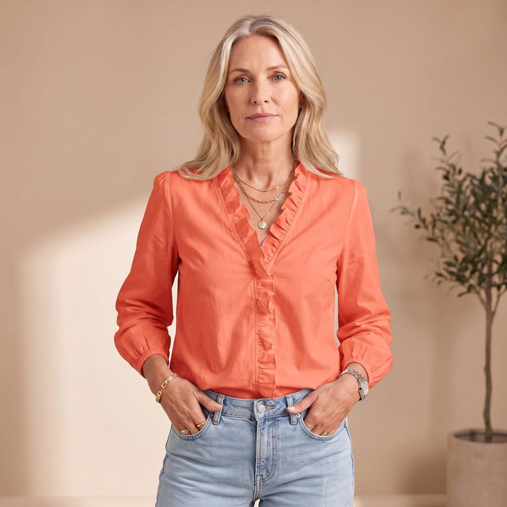 Women's Ruffled V-Neck Long-Sleeve Relaxed Blouse - Orange