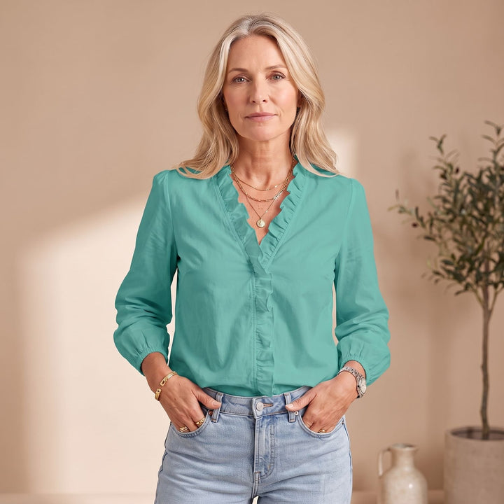 Women's Ruffled V-Neck Long-Sleeve Relaxed Blouse - Green