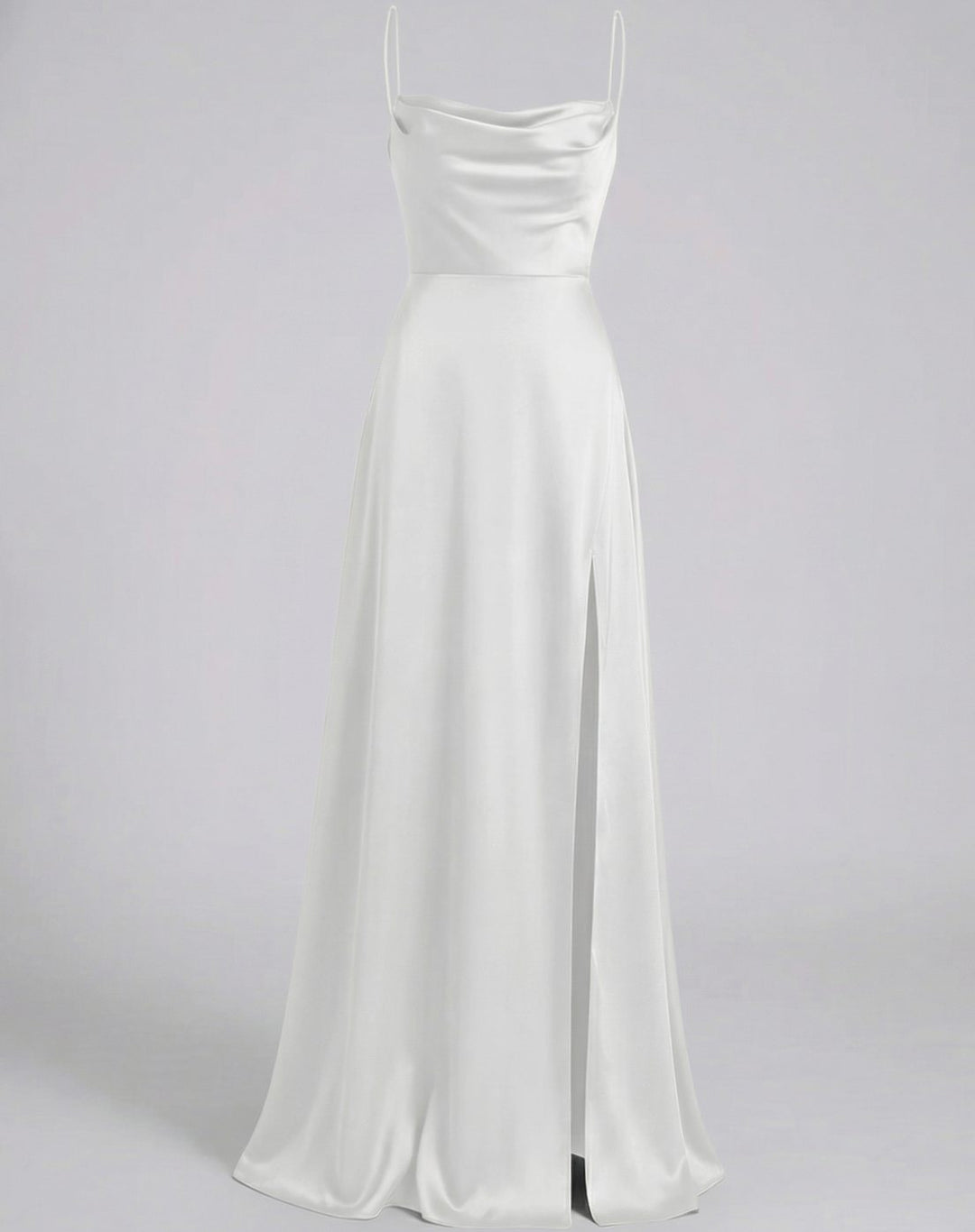 Women's Satin Cowl-Neck Sleeveless Maxi Dress High Slit - White