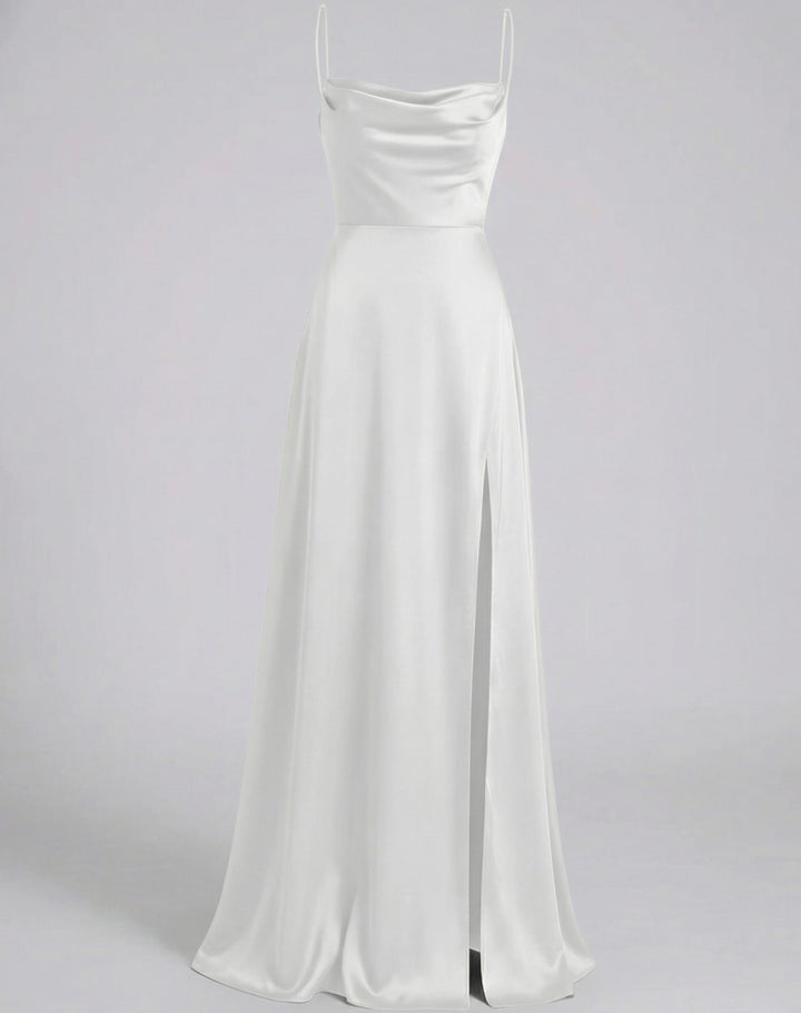 Women's Satin Cowl-Neck Sleeveless Maxi Dress High Slit - White