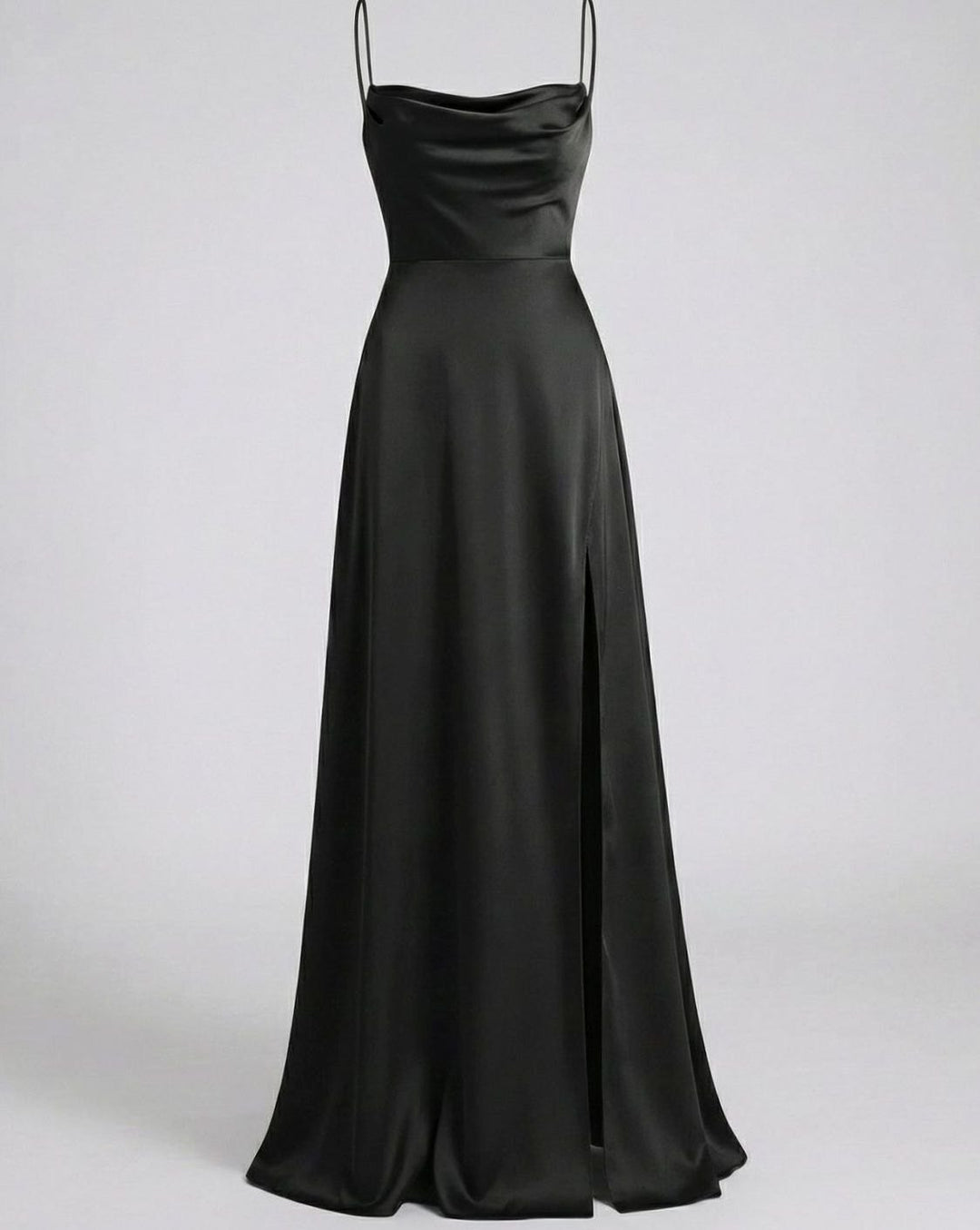 Women's Satin Cowl-Neck Sleeveless Maxi Dress High Slit - Black
